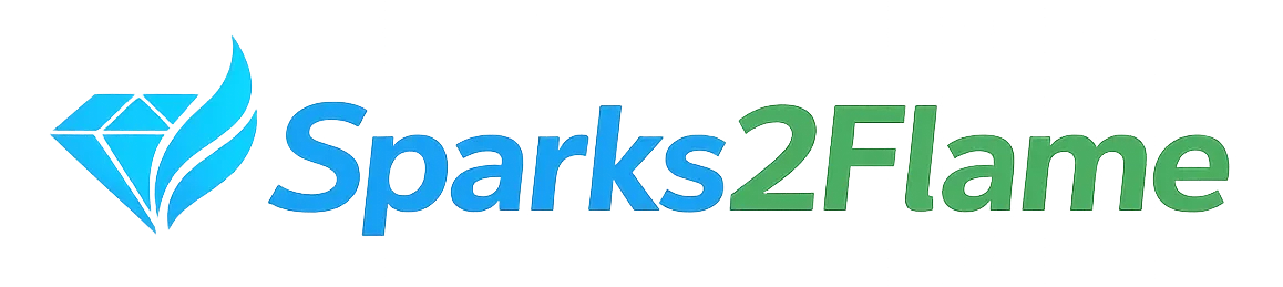 Sparks2Flame official logo featuring a light blue spark icon and green flame typography for cloud accounting expertise.