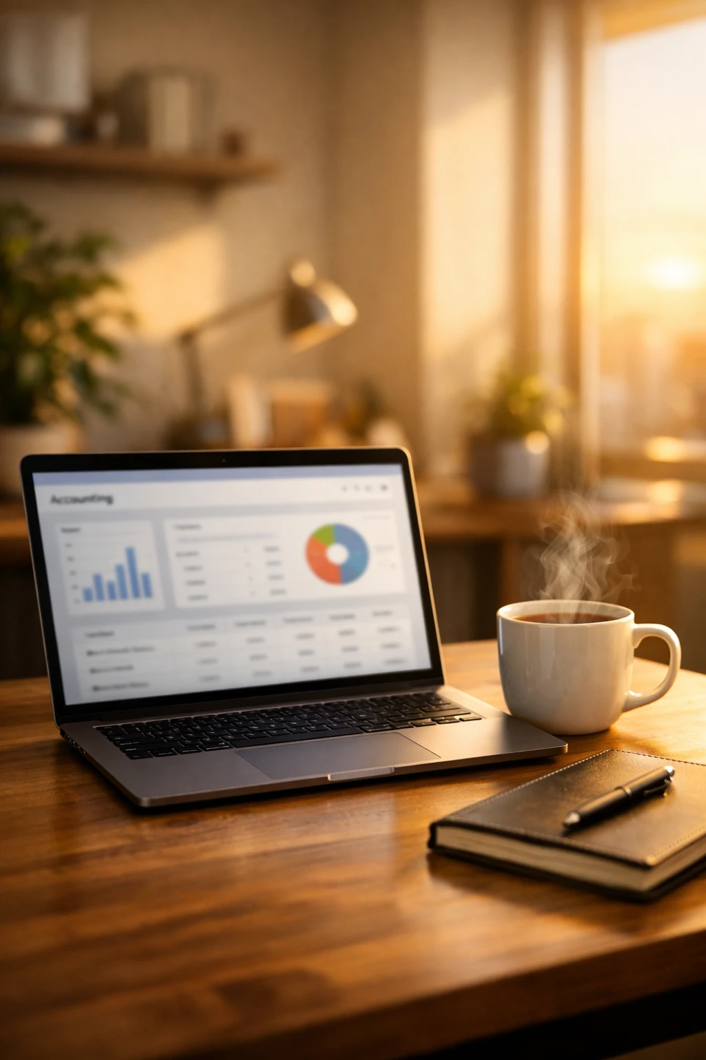 Professional office setup with laptop showing cloud accounting software for small business.