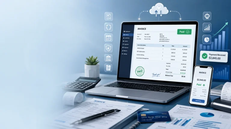 Xero Invoice Templates 2026 illustration showing a cloud accounting invoice dashboard with customizable invoices, recurring billing, online payments, and business automation.