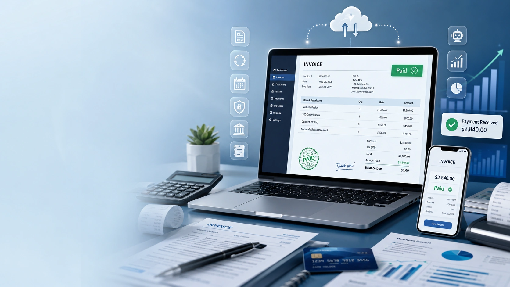 Xero Invoice Templates 2026 illustration showing a cloud accounting invoice dashboard with customizable invoices, recurring billing, online payments, and business automation.