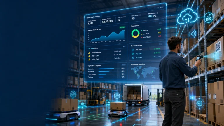 Xero Inventory Management 2026 showing a smart warehouse with AI-powered inventory tracking, barcode scanning, cloud inventory management, purchase orders, and stock analytics.