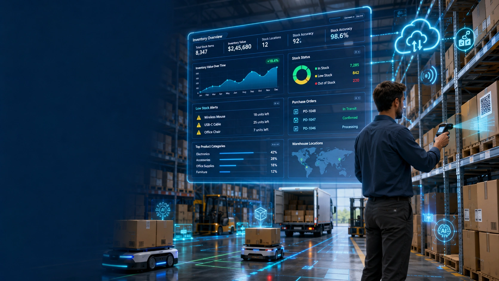 Xero Inventory Management 2026 showing a smart warehouse with AI-powered inventory tracking, barcode scanning, cloud inventory management, purchase orders, and stock analytics.
